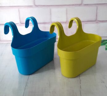 12 inch Railing Oval Plastic Pots Combo Blue-Green set of 2