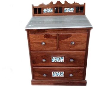 Exclusive Solid Rosewood (Sheesham) Cabinet/Chest of Drawer with Marble  Top, Lacquer Finish Honey Brown, Size: 32x30x24 inch