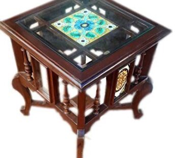 Teak Wood Traditional Antique Look Table with Glass and Floral Tile top Size:(18x15x15) Inch